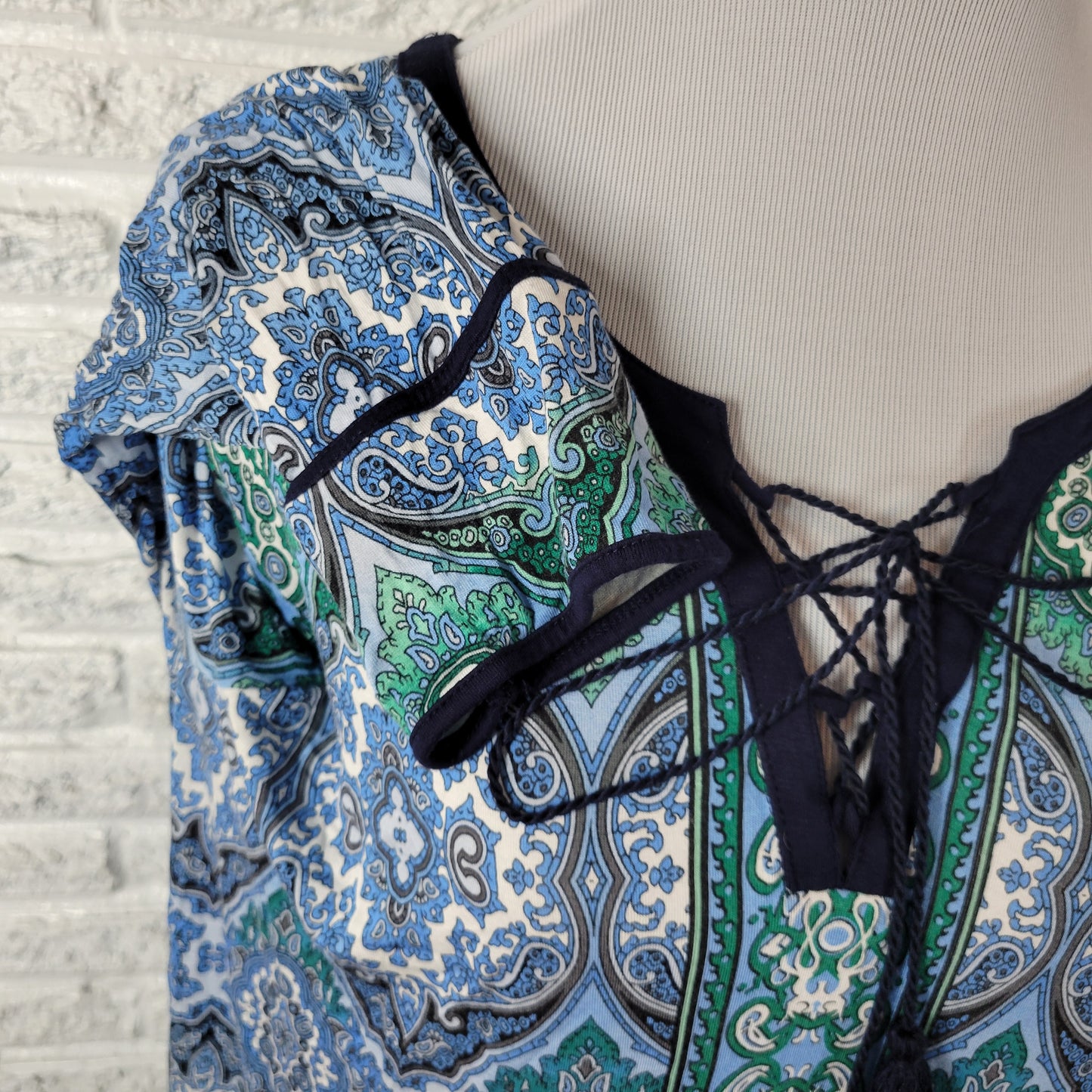 Dress Barn Tunic XL Womens Blue Green Geometric Blouse 3/4 Sleeve GEO128E