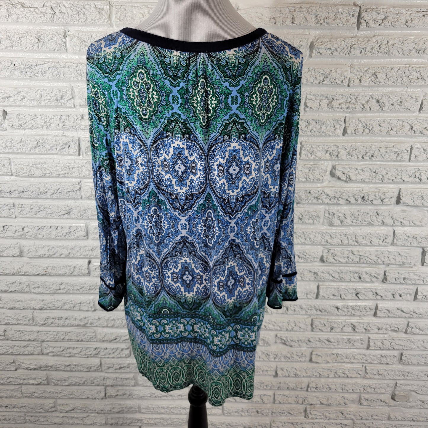 Dress Barn Tunic XL Womens Blue Green Geometric Blouse 3/4 Sleeve GEO128E