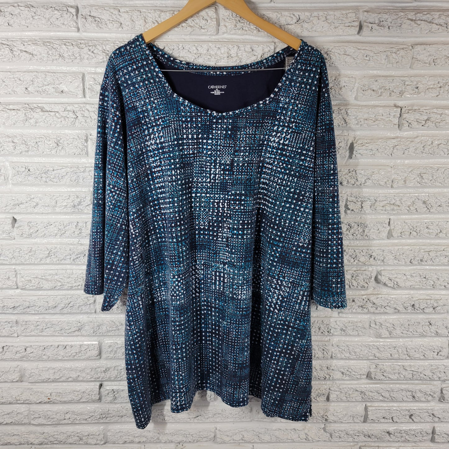 Catherines Blue White Geometric Top 4X Plus Cotton Square Neck 3/4 Sleeve GEO56E