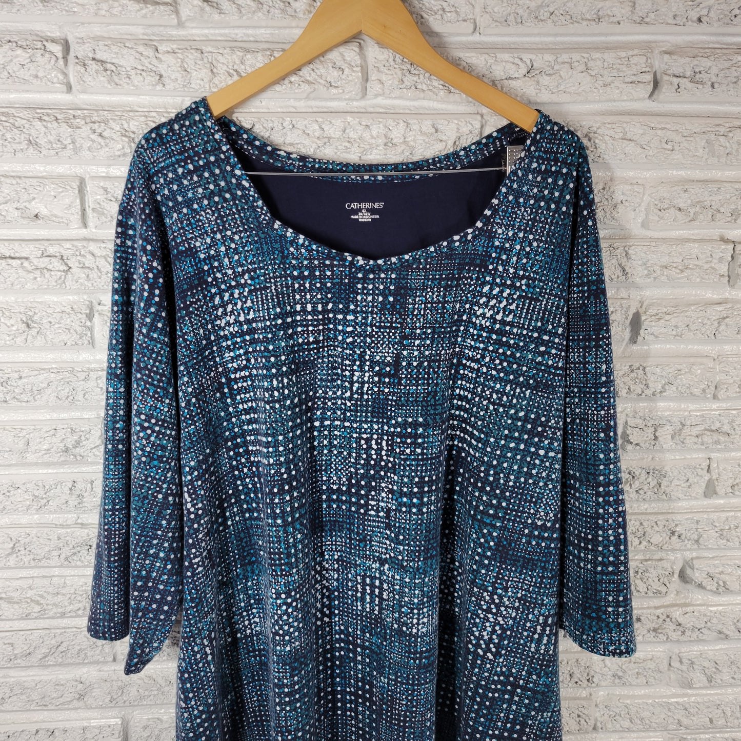 Catherines Blue White Geometric Top 4X Plus Cotton Square Neck 3/4 Sleeve GEO56E
