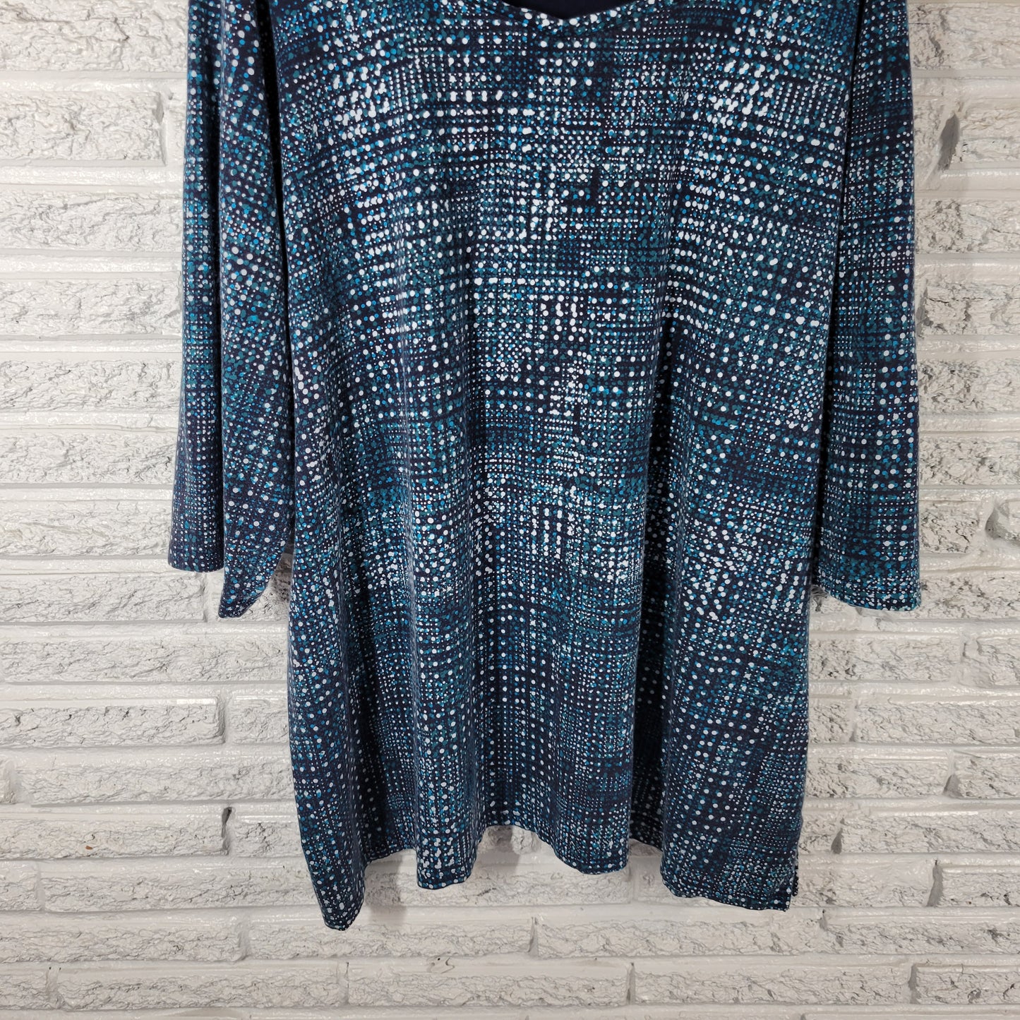 Catherines Blue White Geometric Top 4X Plus Cotton Square Neck 3/4 Sleeve GEO56E