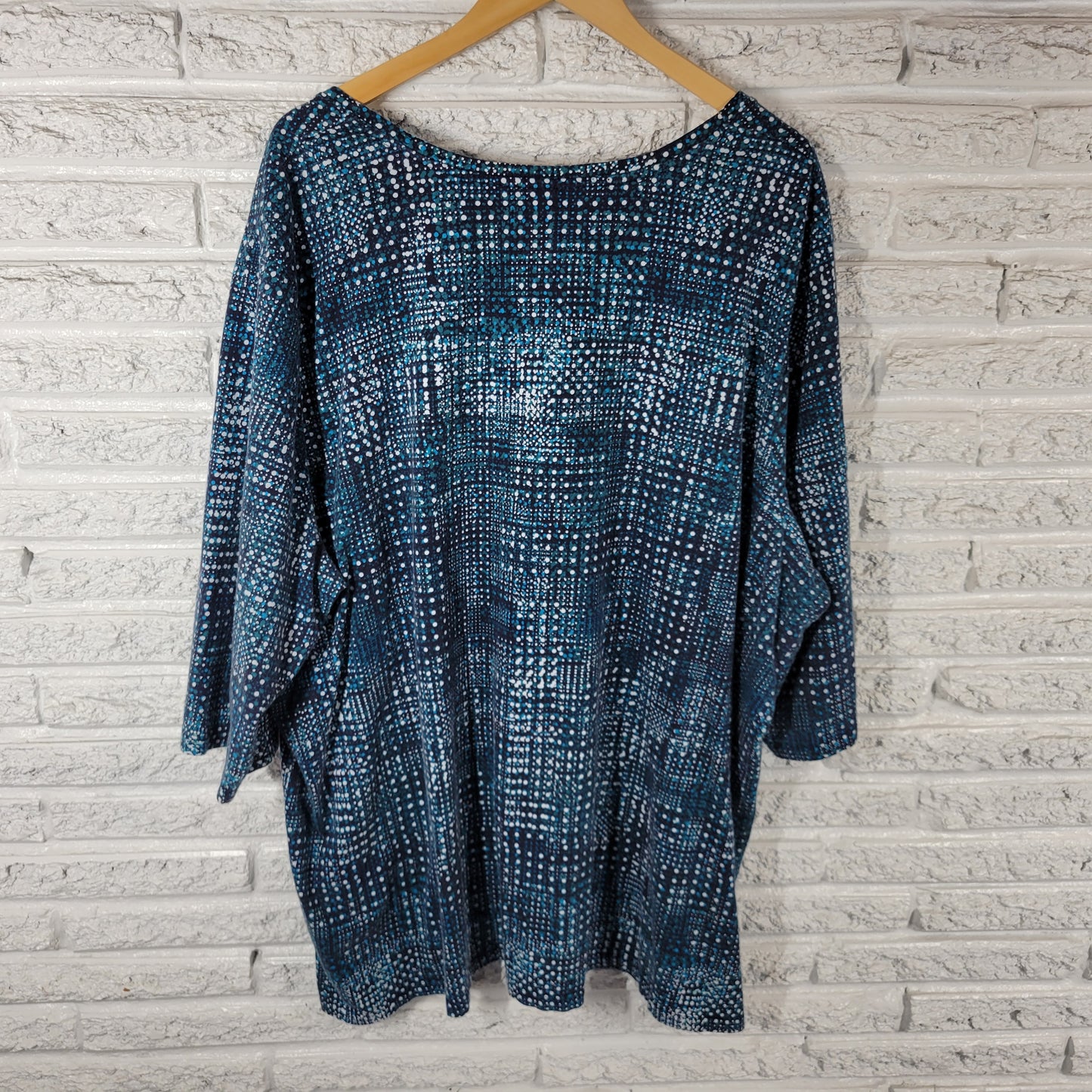 Catherines Blue White Geometric Top 4X Plus Cotton Square Neck 3/4 Sleeve GEO56E