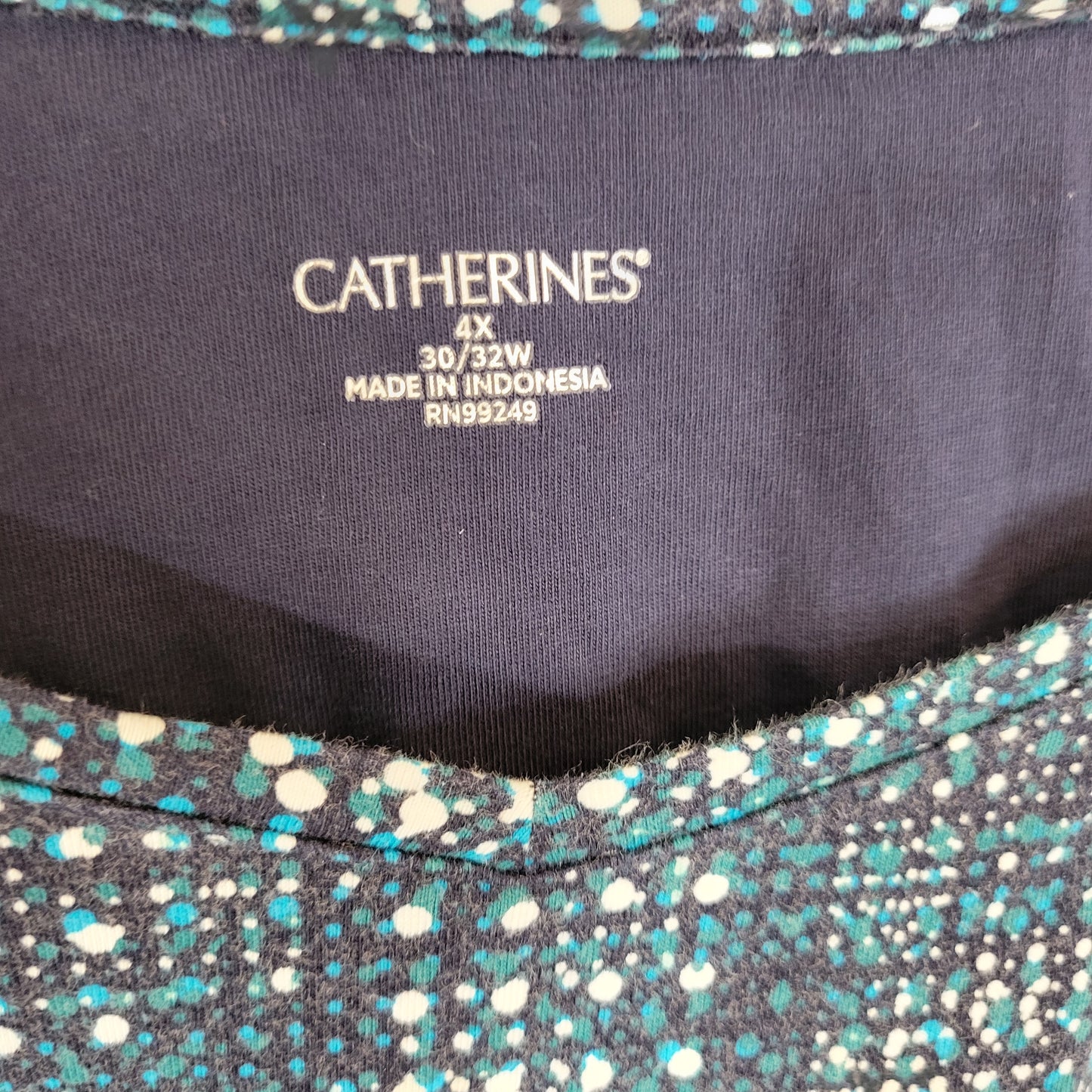 Catherines Blue White Geometric Top 4X Plus Cotton Square Neck 3/4 Sleeve GEO56E