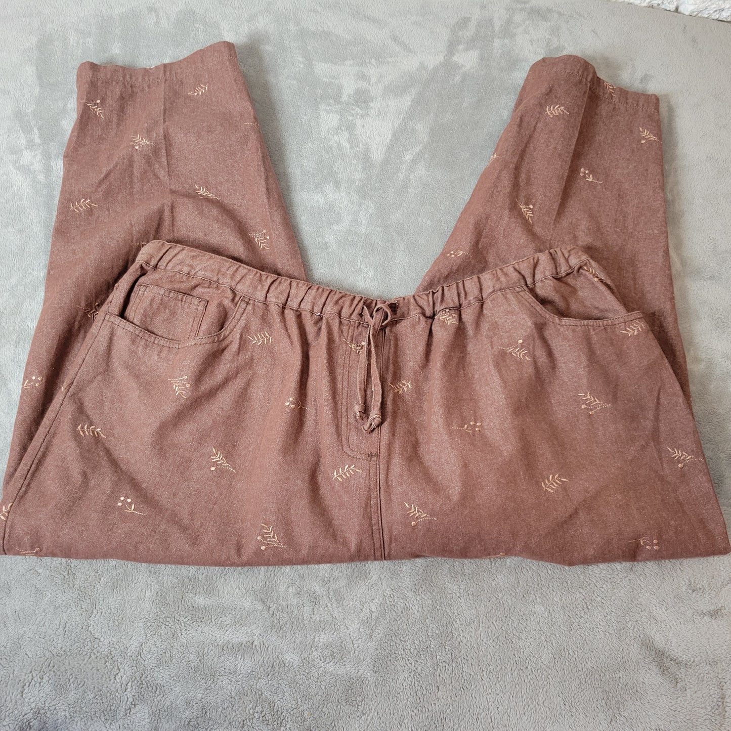 Denim & Co Pants 2X Womens Brown Capris Embroidered Floral Pull On BRO26E