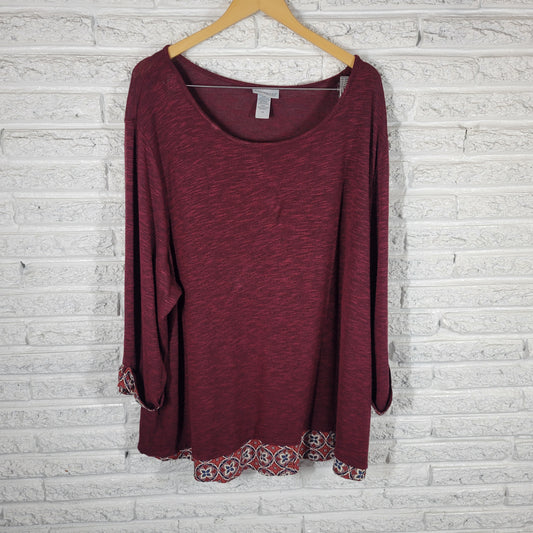 Catherines 3X Burgundy Knit Tunic Top 3/4 Sleeve Semi Sheer Solid BUR15E