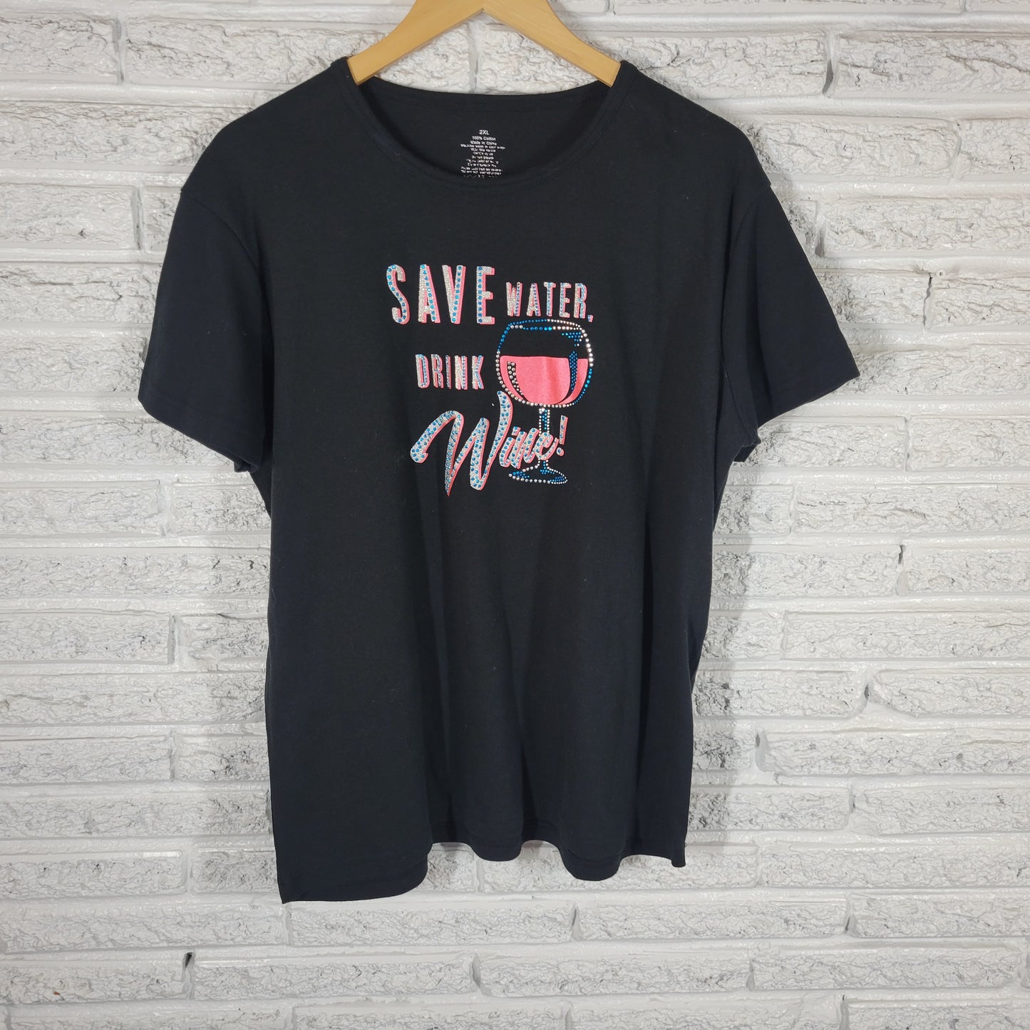 Womens 2XL Black T-Shirt Save Water Drink Wine Graphic Rhinestone BLA127E