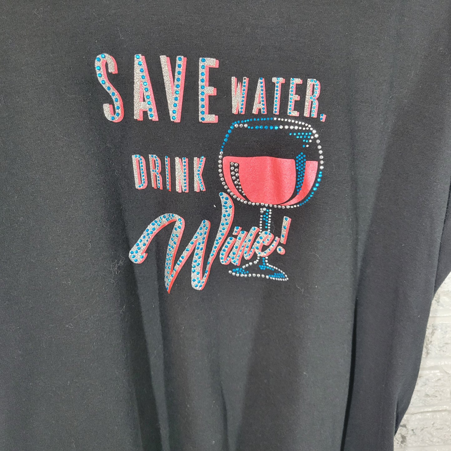 Womens 2XL Black T-Shirt Save Water Drink Wine Graphic Rhinestone BLA127E