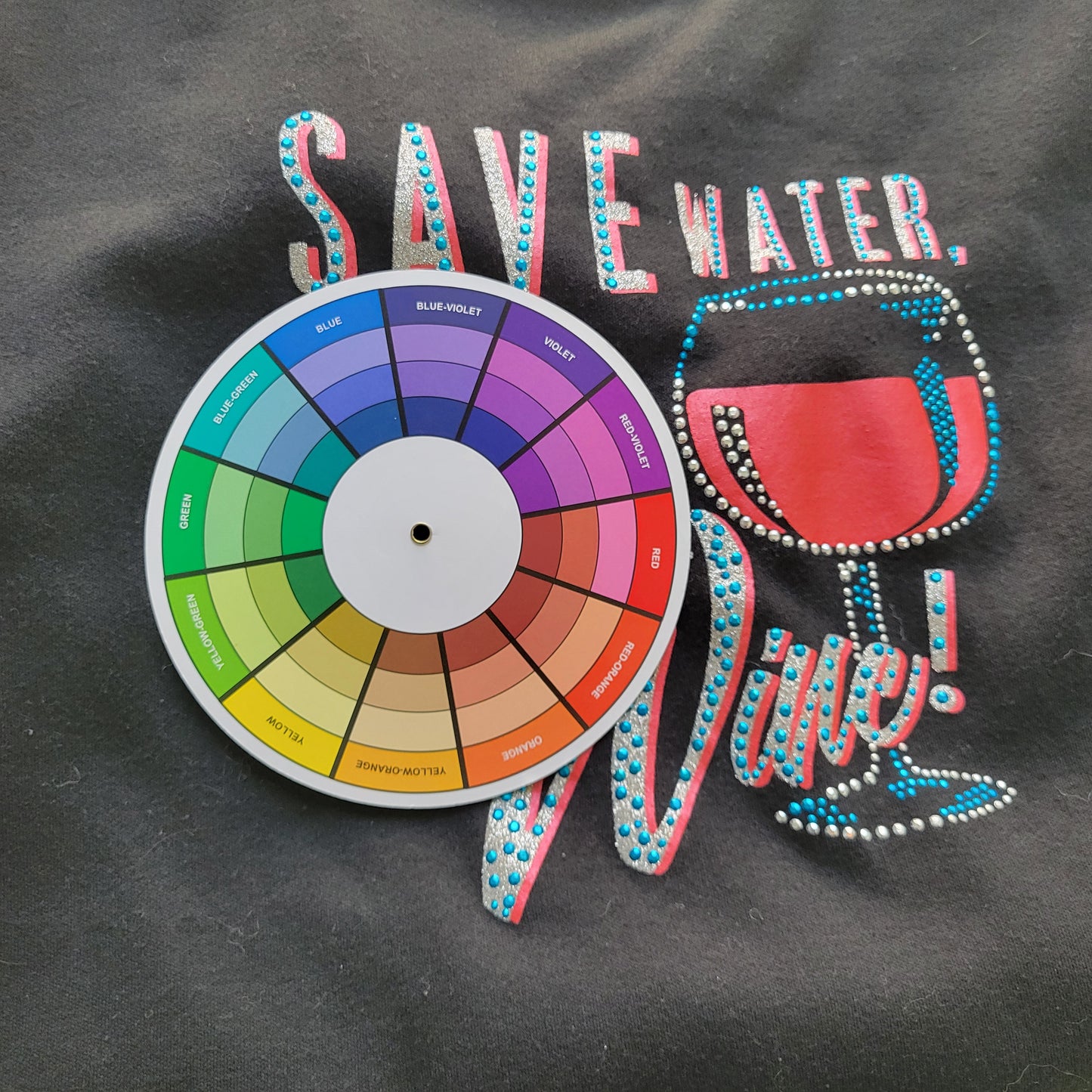 Womens 2XL Black T-Shirt Save Water Drink Wine Graphic Rhinestone BLA127E