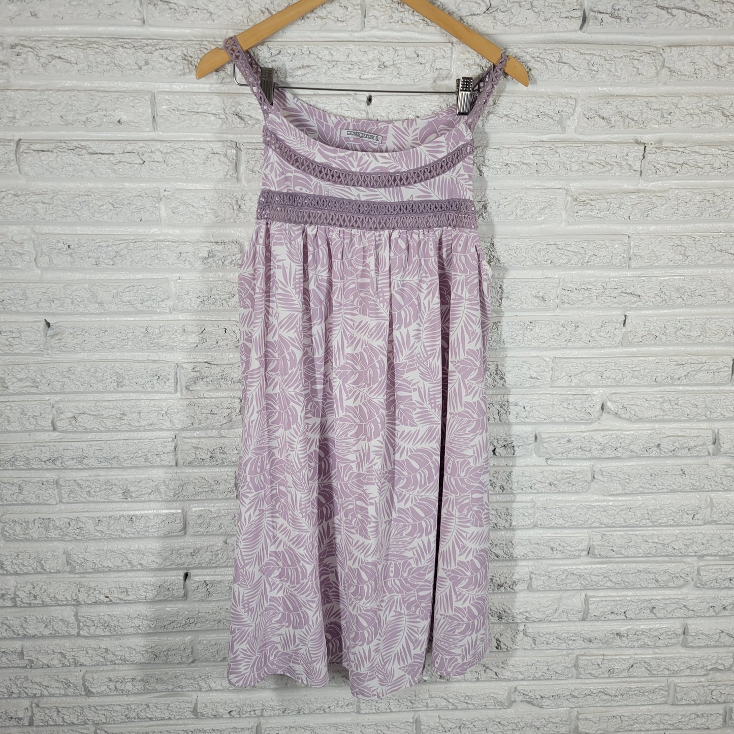 Lauren Taylor Womens XL Dress Purple White Tropical Palm Leaf Lace Trim FLO243E