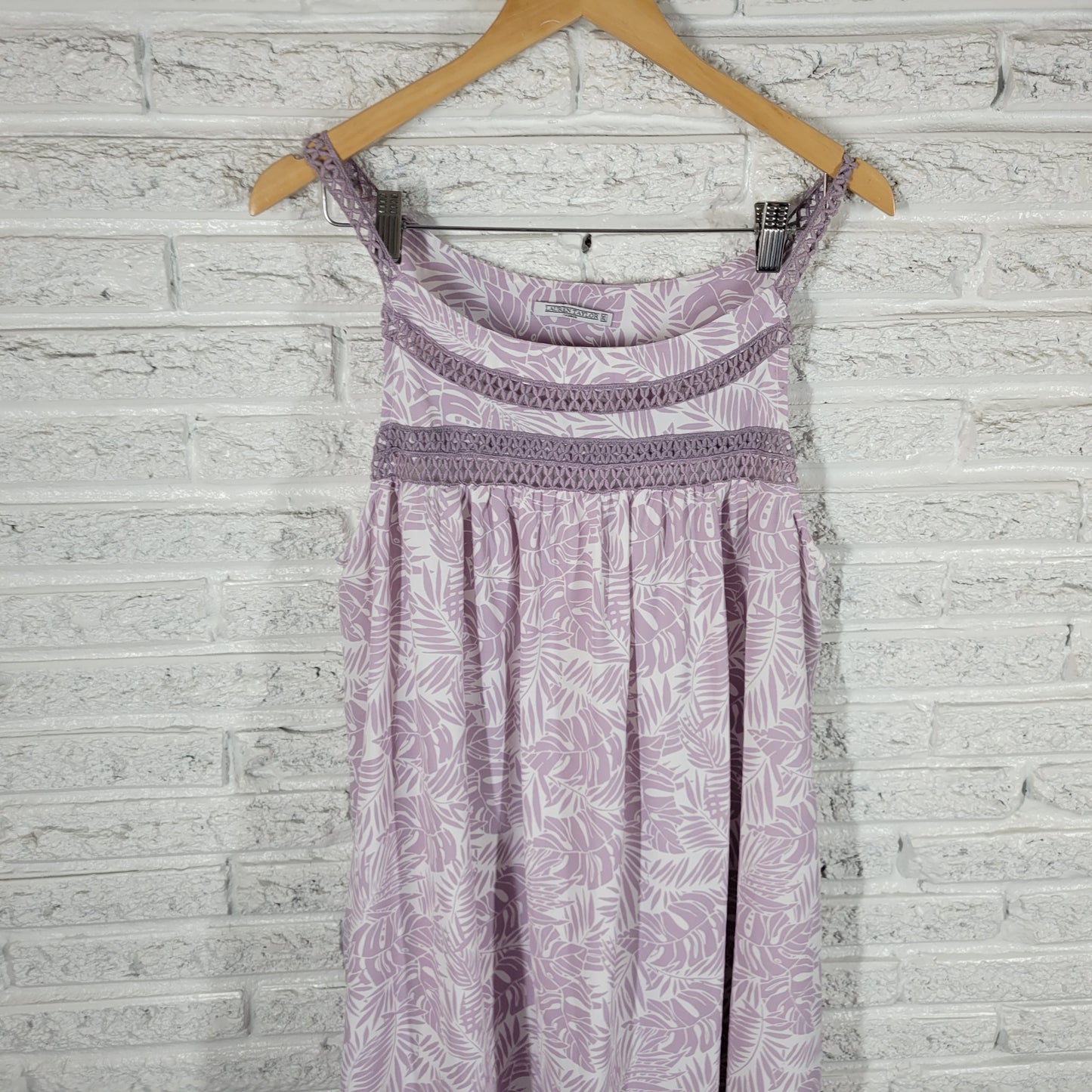 Lauren Taylor Womens XL Dress Purple White Tropical Palm Leaf Lace Trim FLO243E