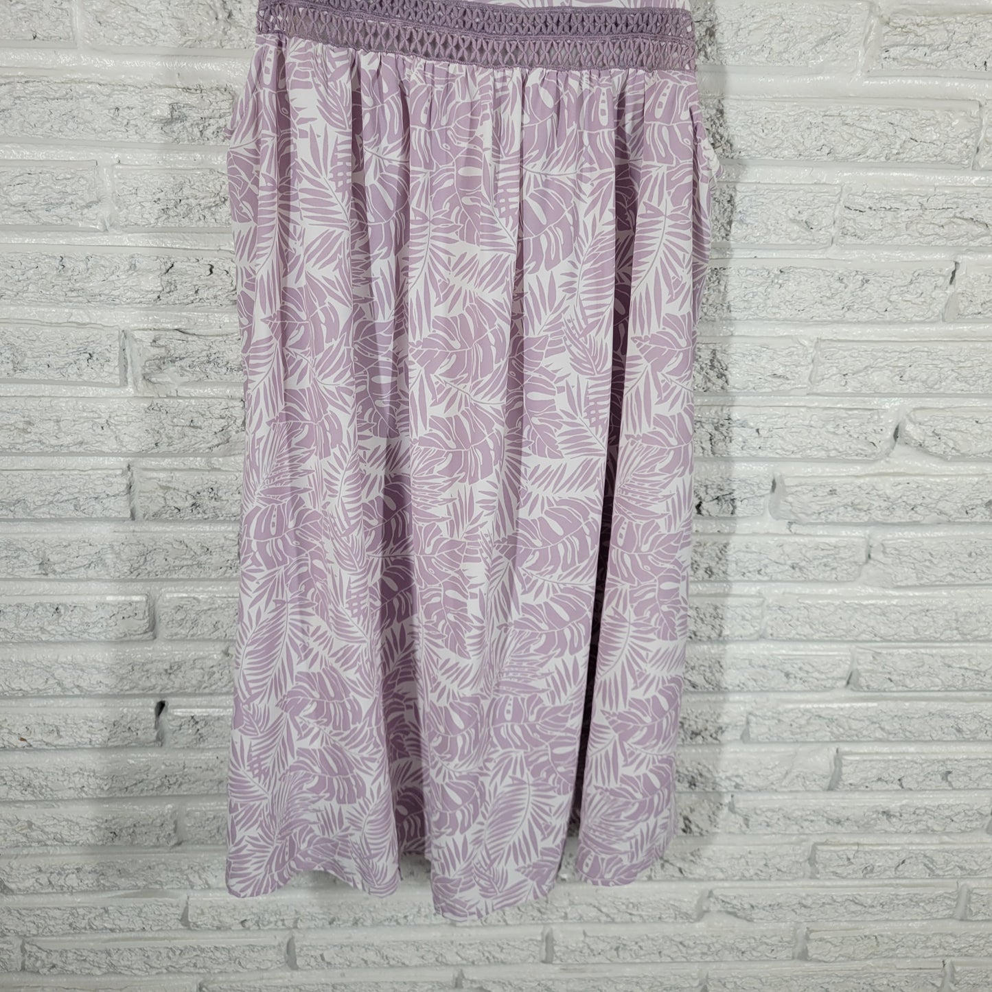 Lauren Taylor Womens XL Dress Purple White Tropical Palm Leaf Lace Trim FLO243E