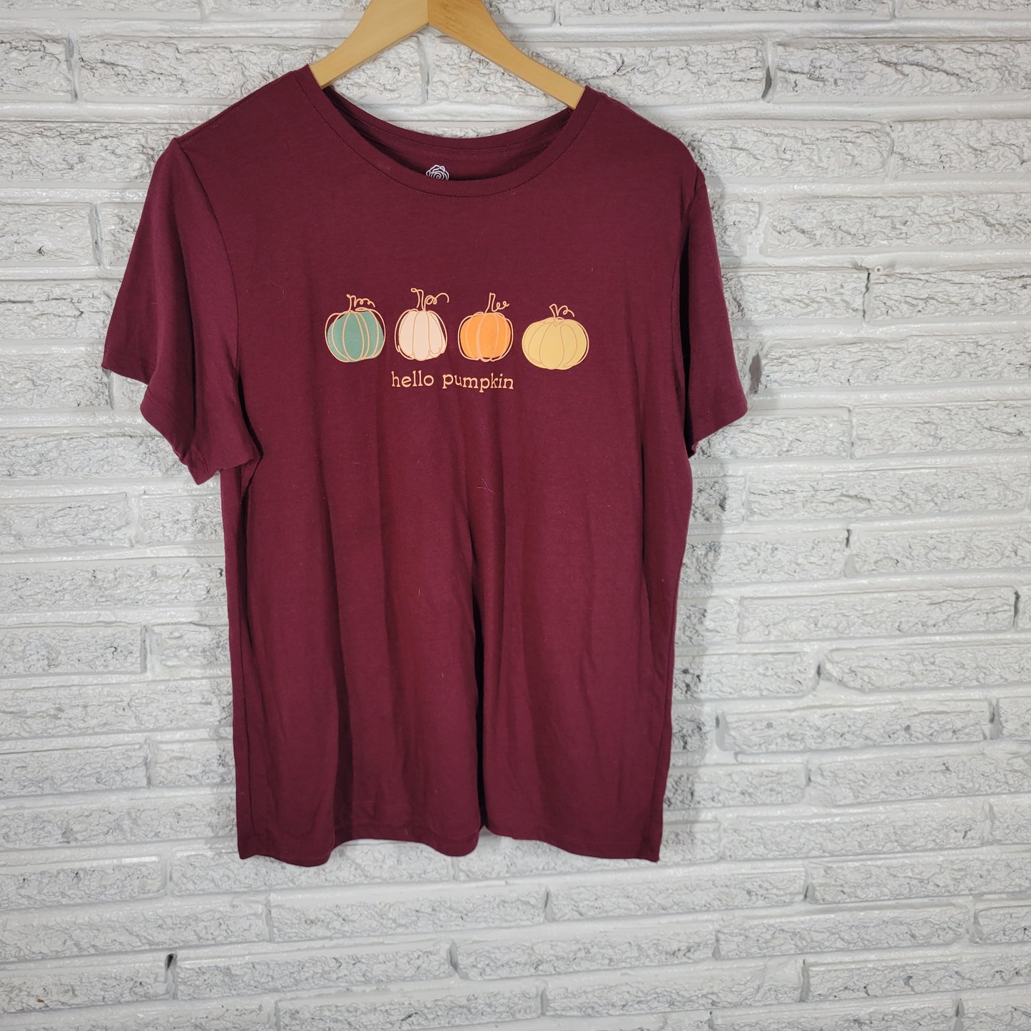 PositiviTees Womens XL Burgundy Hello Pumpkin Fall Short Sleeve T-Shirt BUR14E