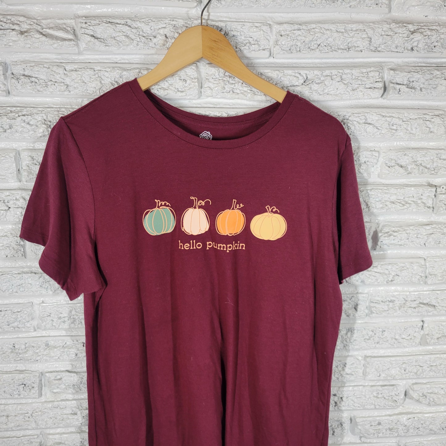 PositiviTees Womens XL Burgundy Hello Pumpkin Fall Short Sleeve T-Shirt BUR14E