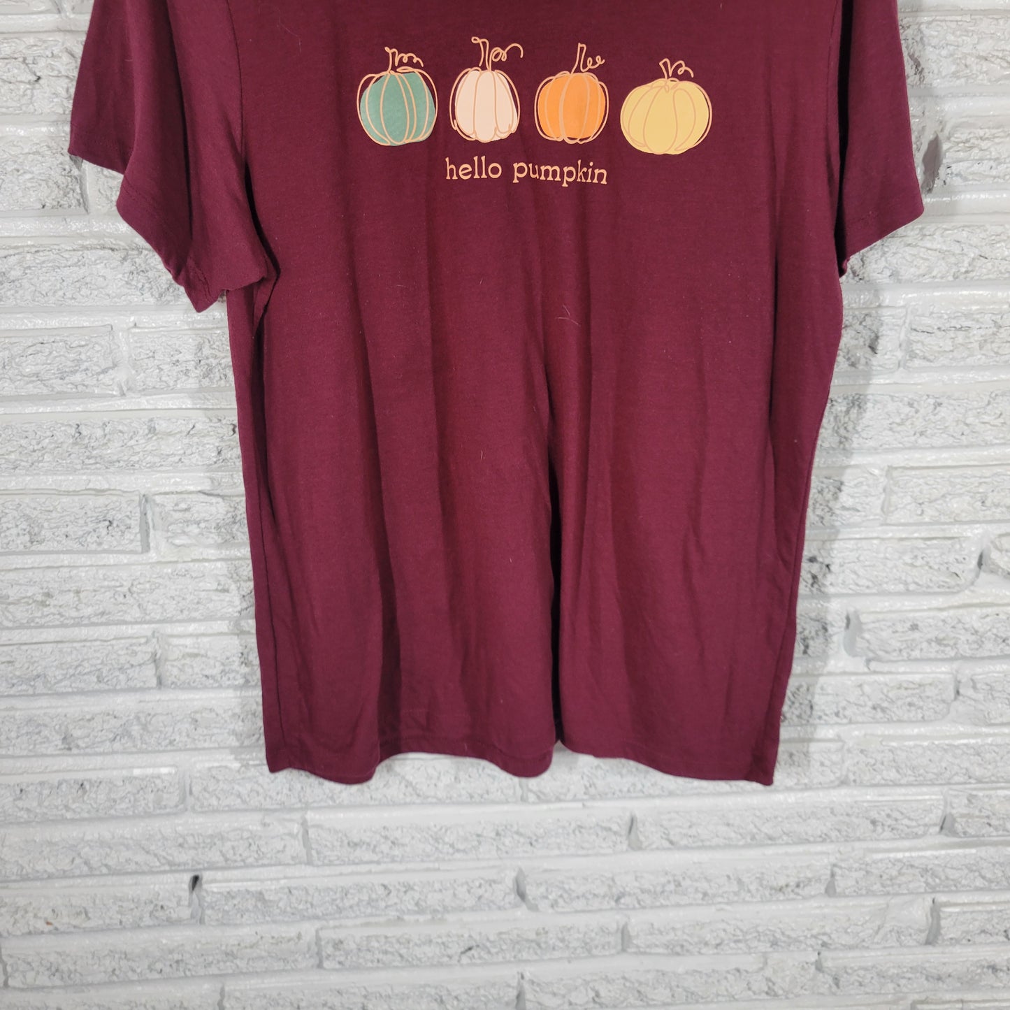 PositiviTees Womens XL Burgundy Hello Pumpkin Fall Short Sleeve T-Shirt BUR14E