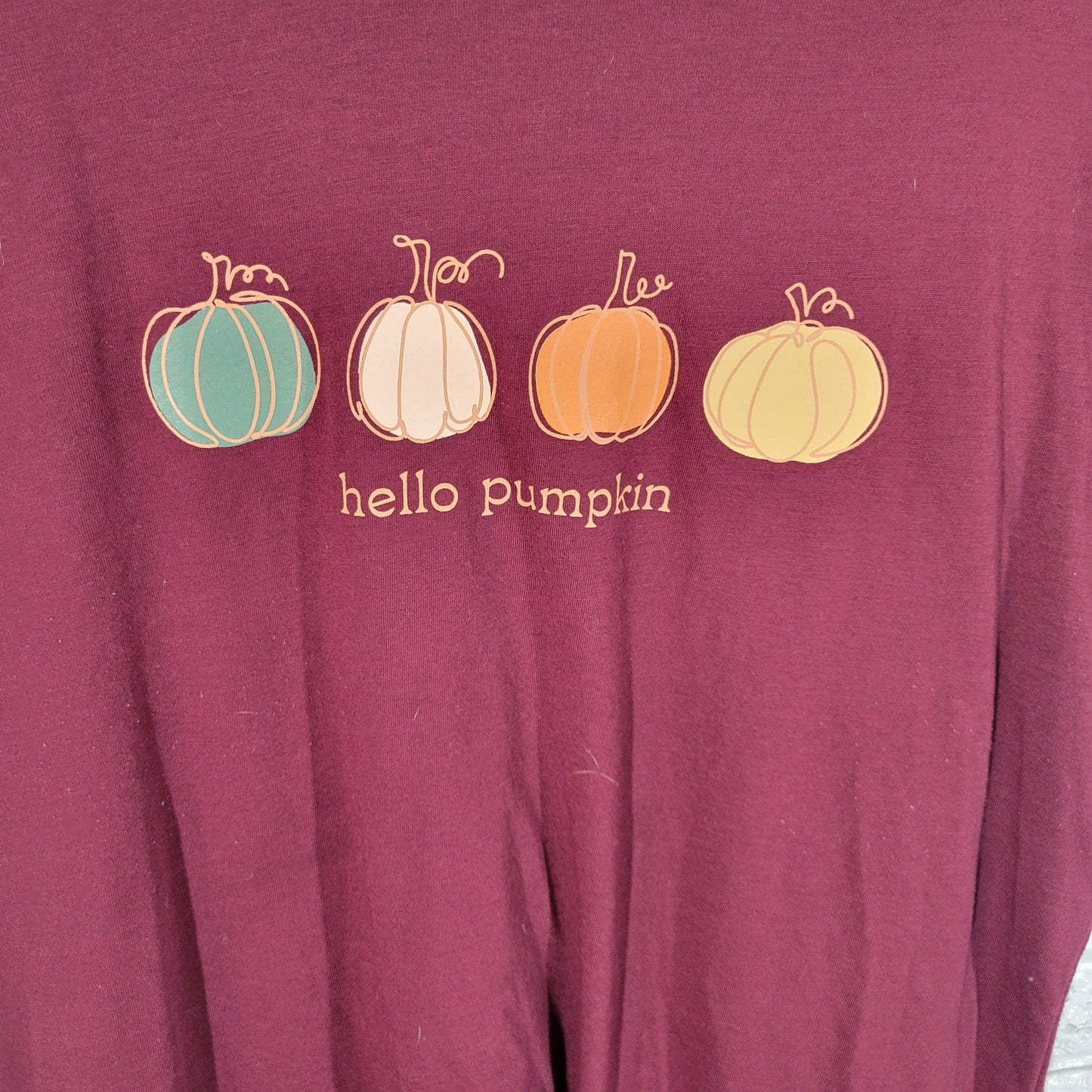 PositiviTees Womens XL Burgundy Hello Pumpkin Fall Short Sleeve T-Shirt BUR14E