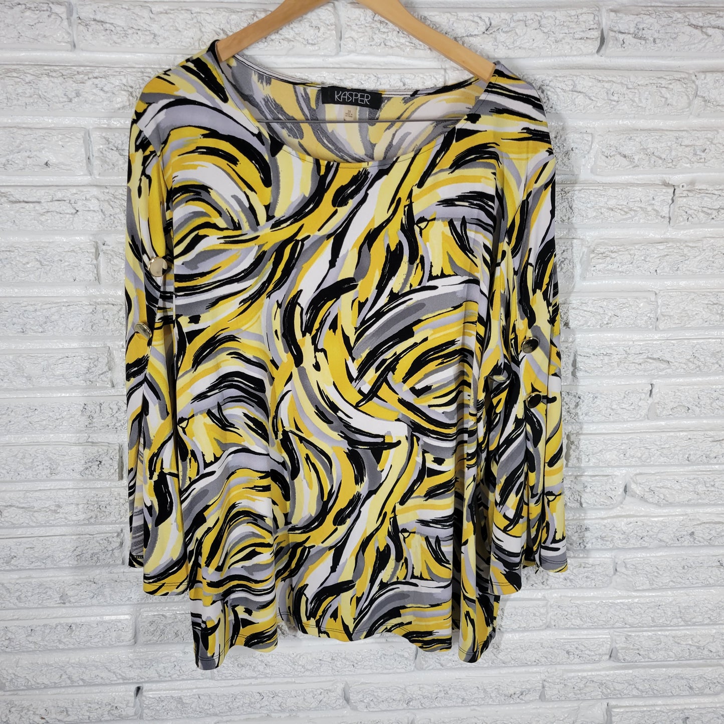 Kasper Womens 3X Yellow Black Watercolor Blouse Long Slit Sleeve Career WAT97E