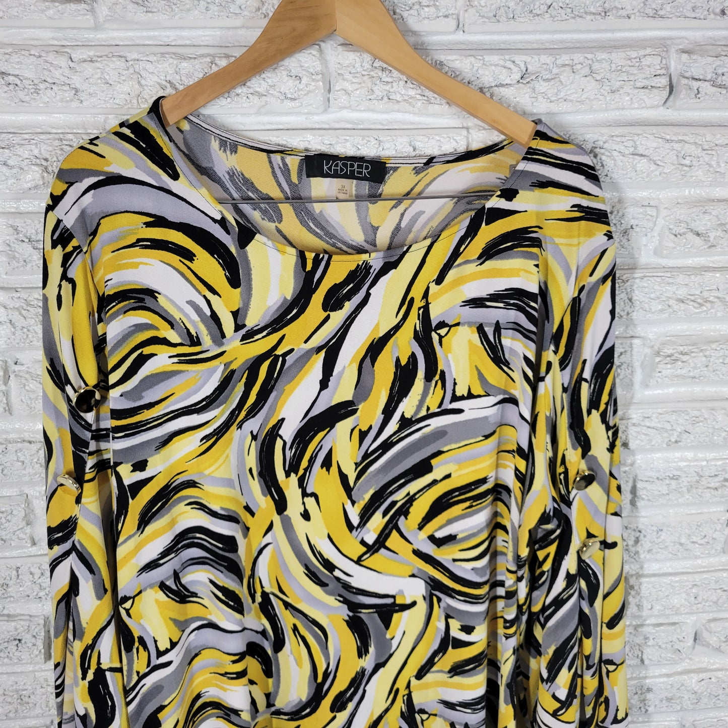 Kasper Womens 3X Yellow Black Watercolor Blouse Long Slit Sleeve Career WAT97E
