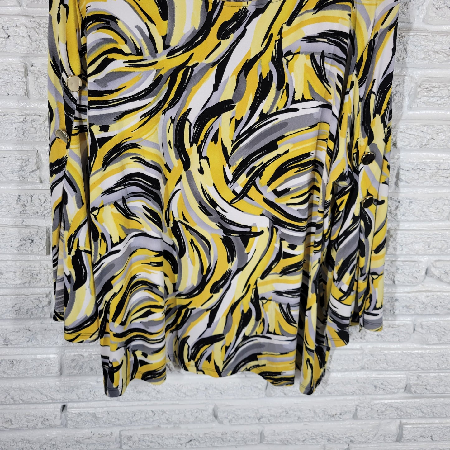 Kasper Womens 3X Yellow Black Watercolor Blouse Long Slit Sleeve Career WAT97E