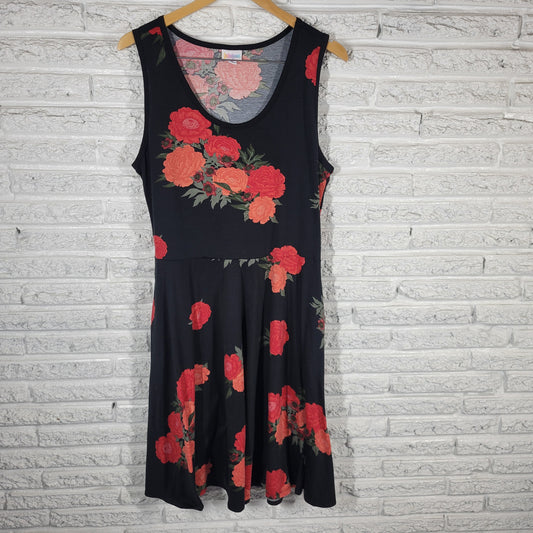 LuLaRoe Fit Flare Dress Womens XL Black Red Floral Tank Sleeveless FLO237E