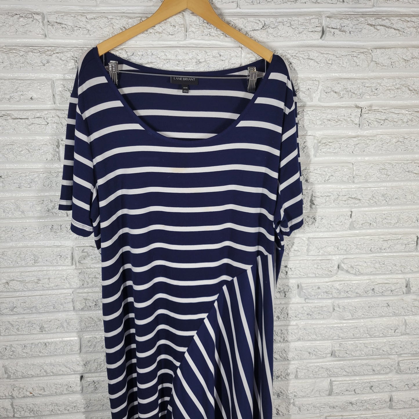 Lane Bryant Blue White Striped Asymmetric Hem Dress XL Plus Short Sleeve STR9E