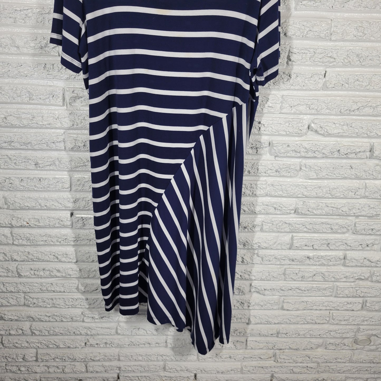 Lane Bryant Blue White Striped Asymmetric Hem Dress XL Plus Short Sleeve STR9E