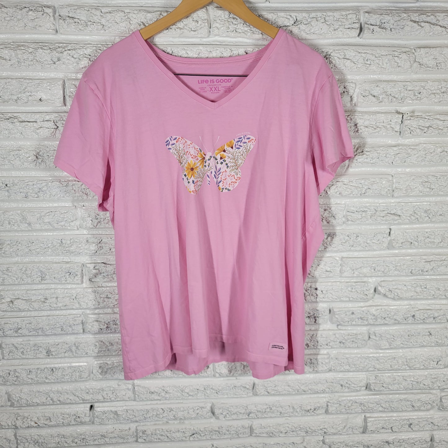 Life is Good XXL Pink Floral Butterfly T-Shirt Cotton V-Neck Tee FLO169E