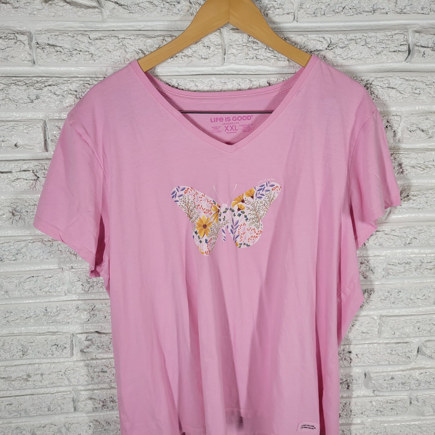 Life is Good XXL Pink Floral Butterfly T-Shirt Cotton V-Neck Tee FLO169E
