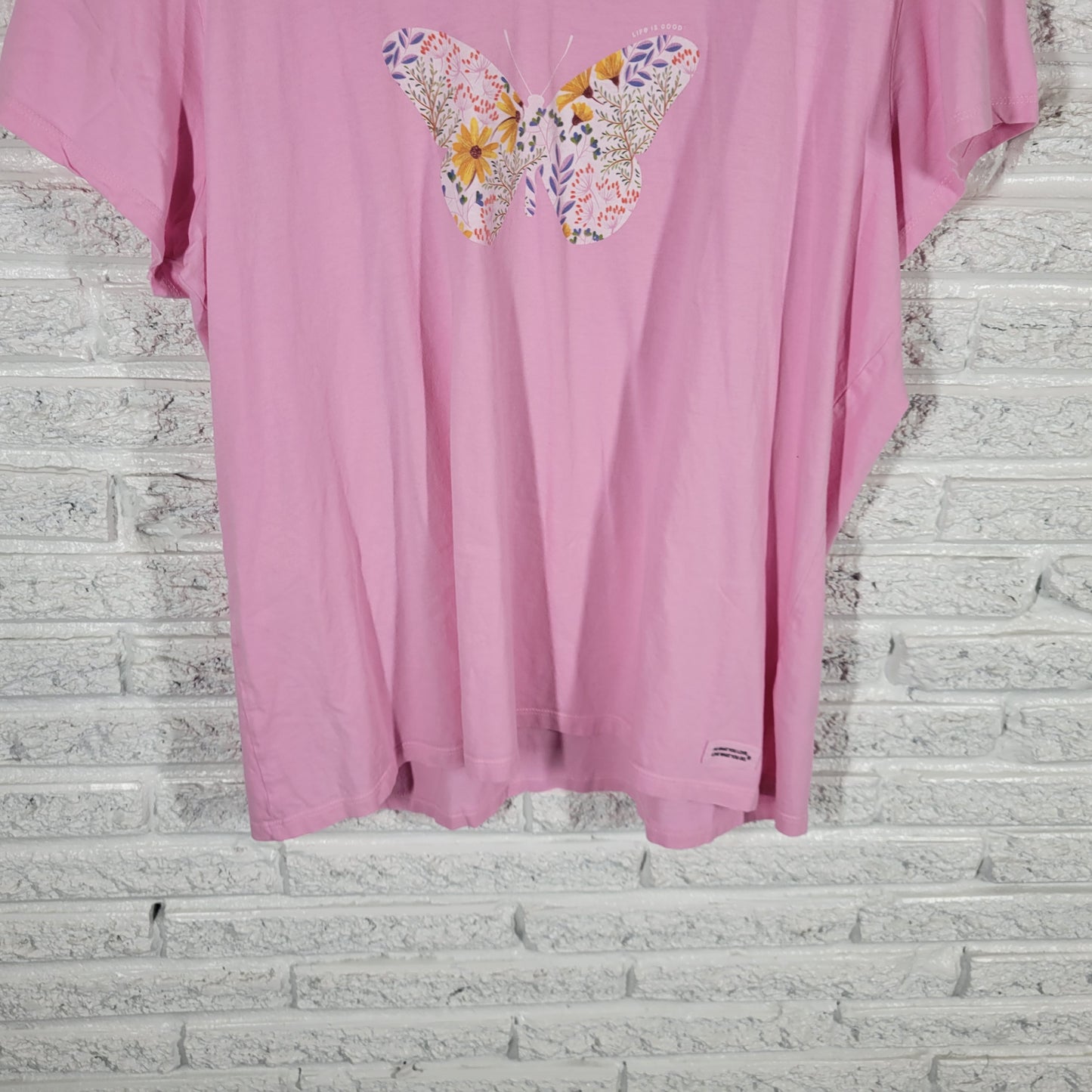 Life is Good XXL Pink Floral Butterfly T-Shirt Cotton V-Neck Tee FLO169E