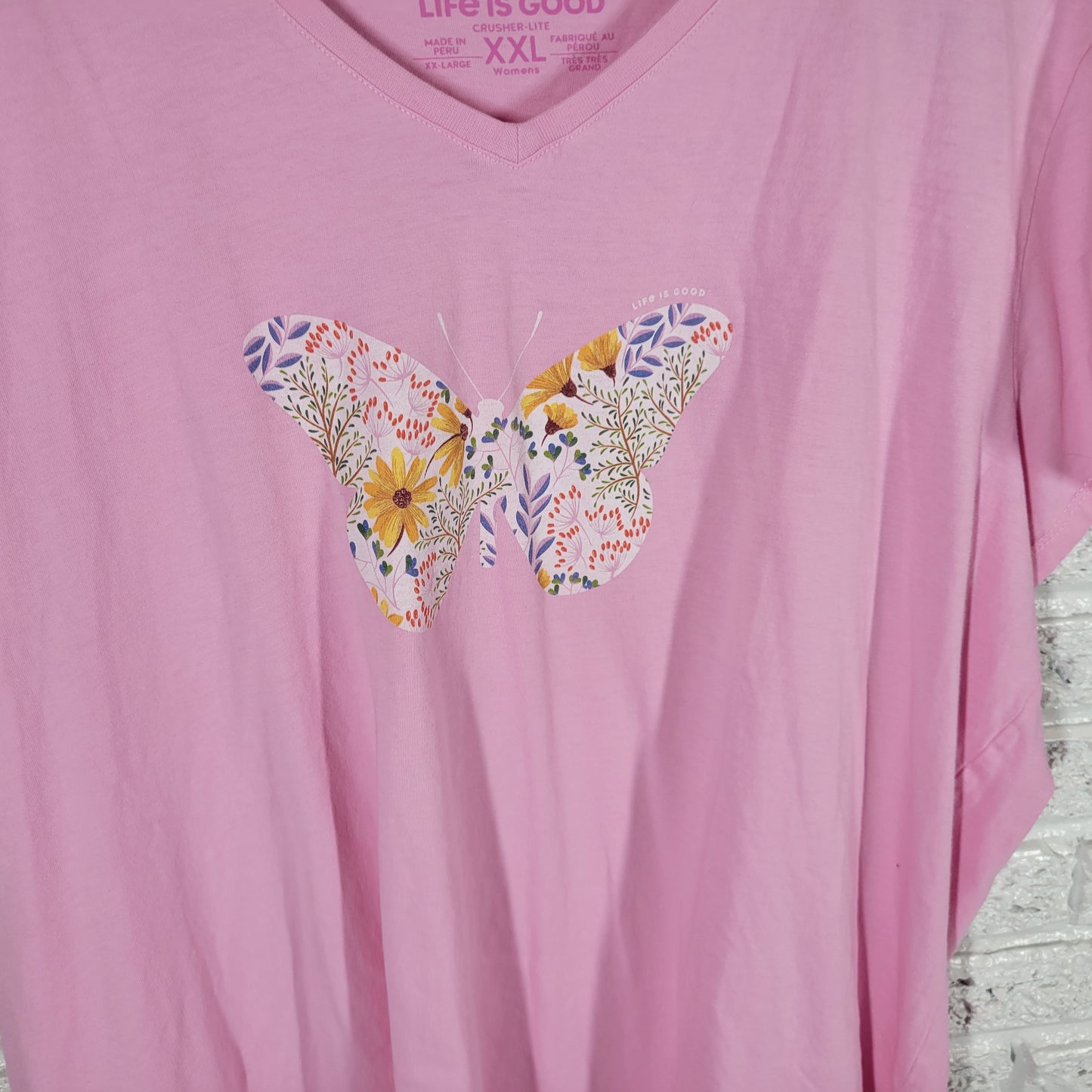 Life is Good XXL Pink Floral Butterfly T-Shirt Cotton V-Neck Tee FLO169E