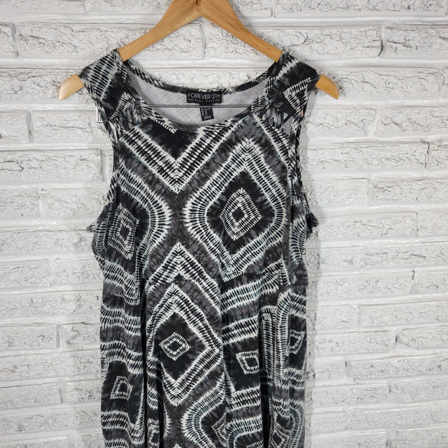 Forever 21 2X Black Gray Tie Dye Geometric Tank Dress Fit Flare Mini TIE10E