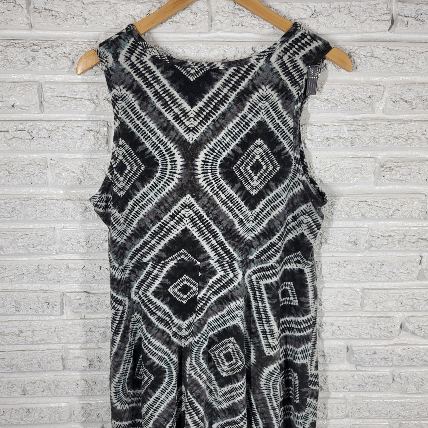 Forever 21 2X Black Gray Tie Dye Geometric Tank Dress Fit Flare Mini TIE10E