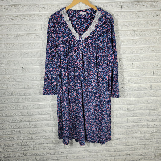 Secret Treasures 2X Velour Nightgown Blue Pink Floral Lace Trim Plus SWE113E