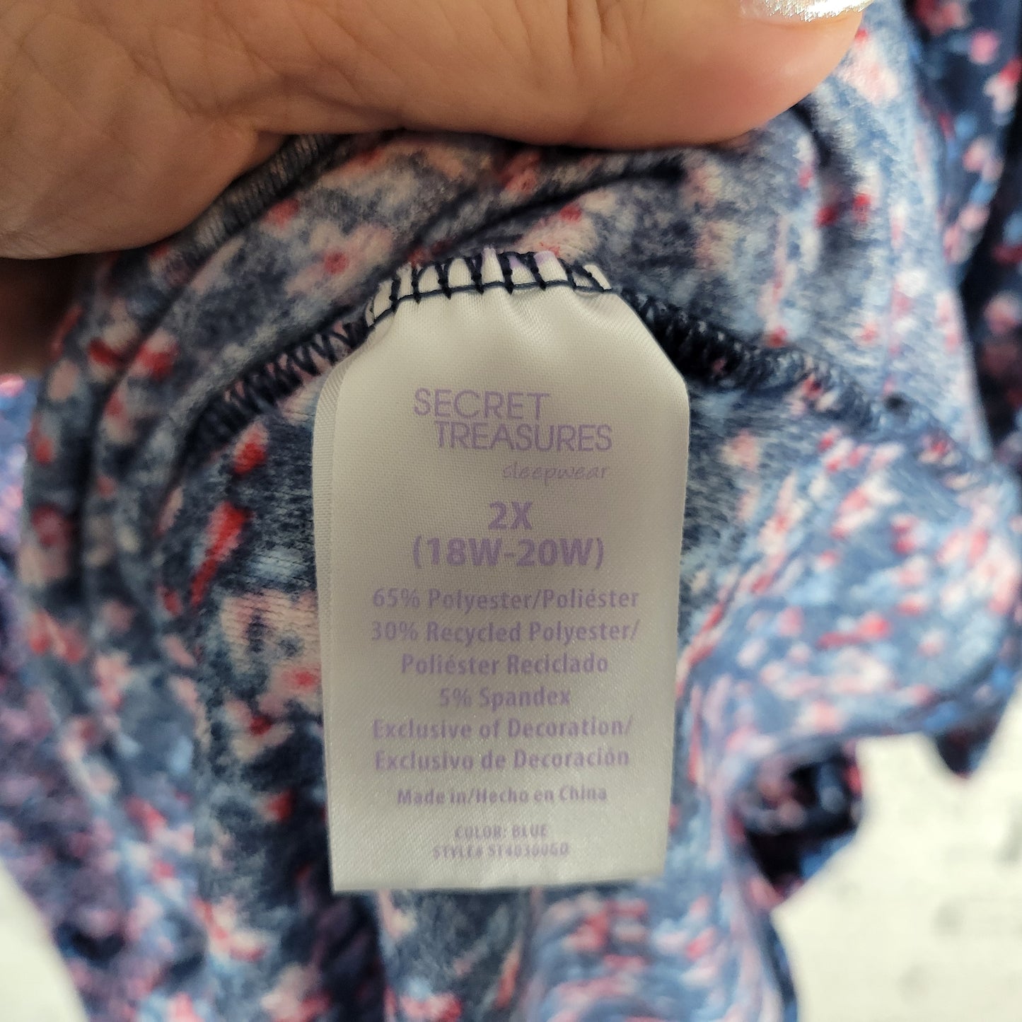 Secret Treasures 2X Velour Nightgown Blue Pink Floral Lace Trim Plus SWE113E