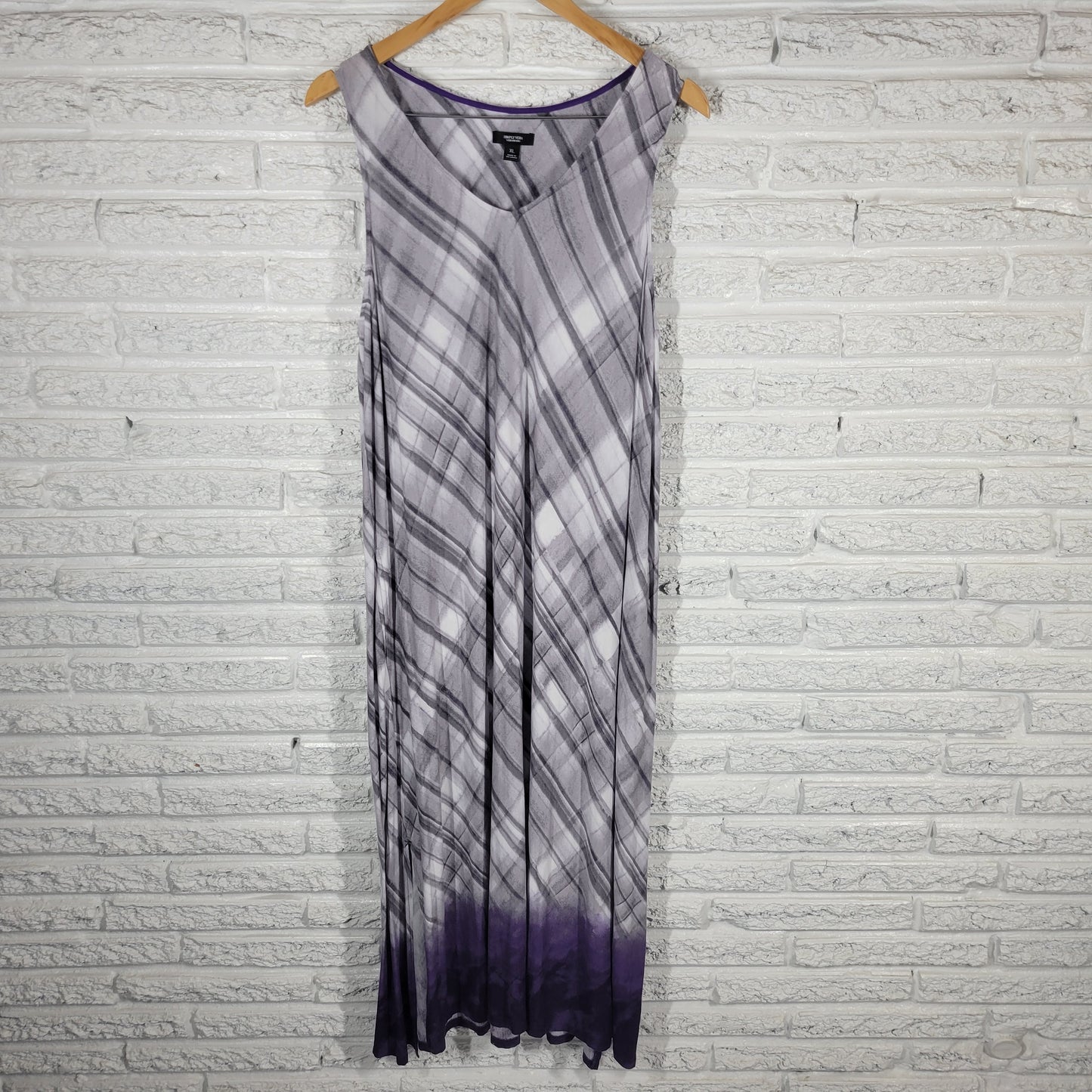 Simply Vera Wang Dress XL Gray Purple Plaid Tie Dye V-Neck Shift Midi PLA14E