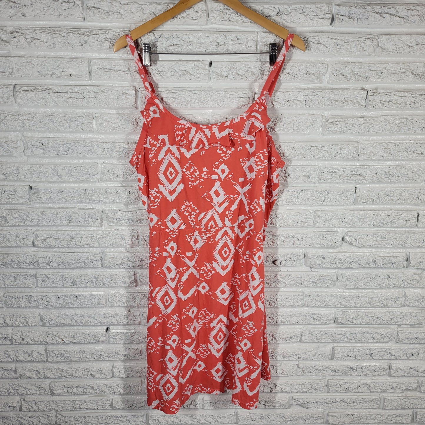 Faded Glory XL Orange White Geometric Slip Dress Ruffle Fit Flare Cotton GEO141E
