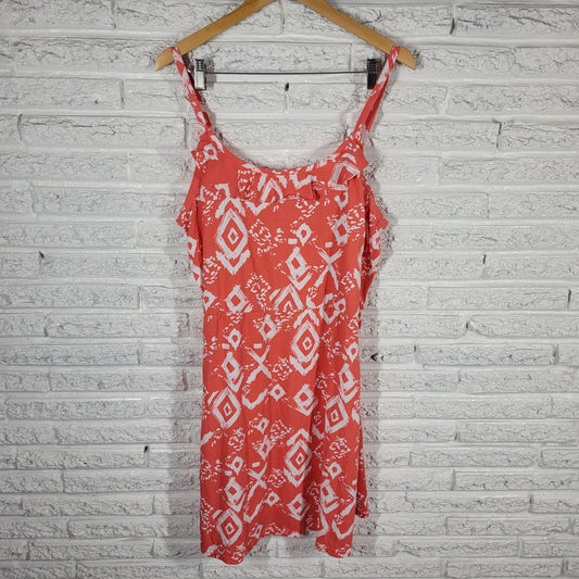 Faded Glory XL Orange White Geometric Slip Dress Ruffle Fit Flare Cotton GEO141E