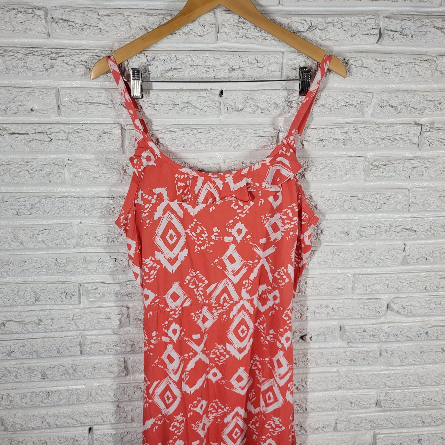 Faded Glory XL Orange White Geometric Slip Dress Ruffle Fit Flare Cotton GEO141E