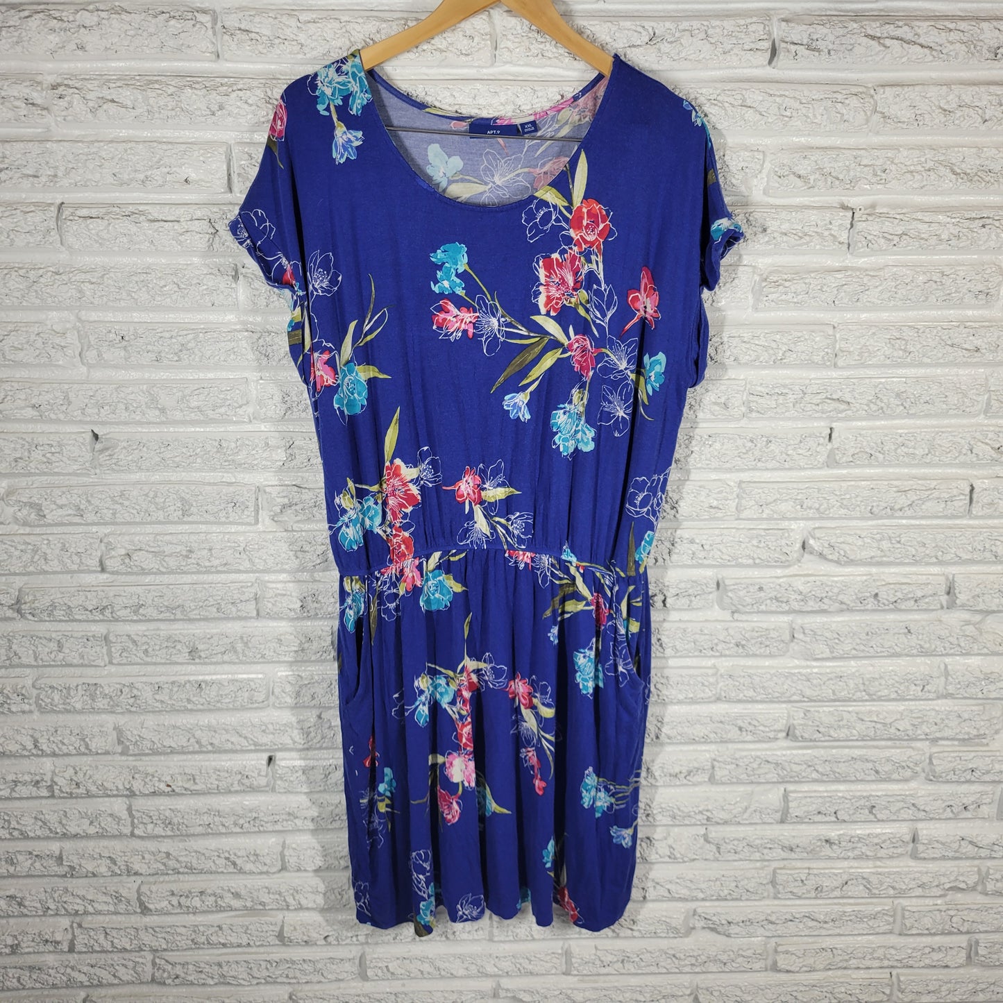 Apt 9 Womens XXL Blue Floral Cap Sleeve Knee Length Dress Pockets Casual FLO53E