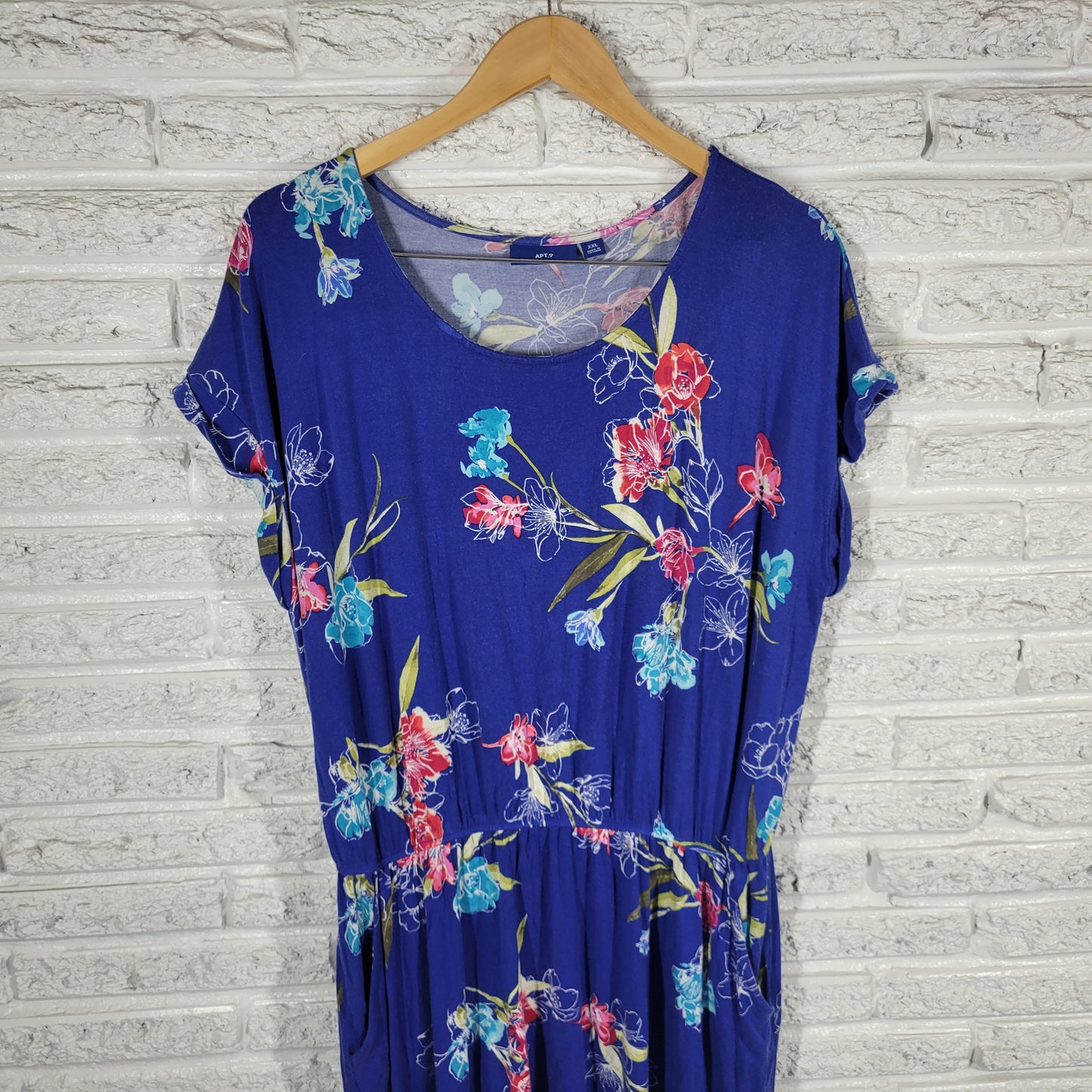 Apt 9 Womens XXL Blue Floral Cap Sleeve Knee Length Dress Pockets Casual FLO53E
