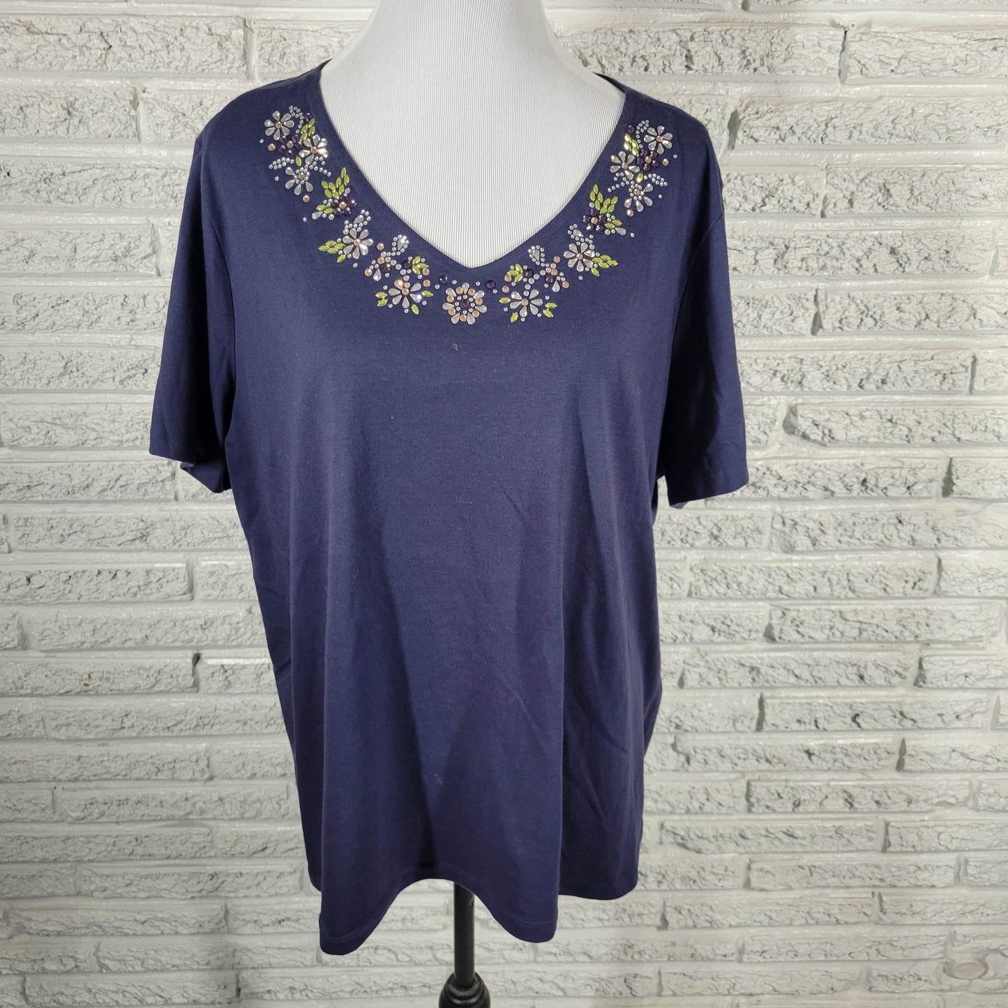 Coral Bay 2X Blue V-Neck T-Shirt Rhinestone Accent Cotton Blend BLU1XE