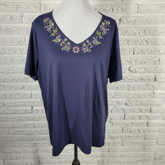Coral Bay 2X Blue V-Neck T-Shirt Rhinestone Accent Cotton Blend BLU1XE