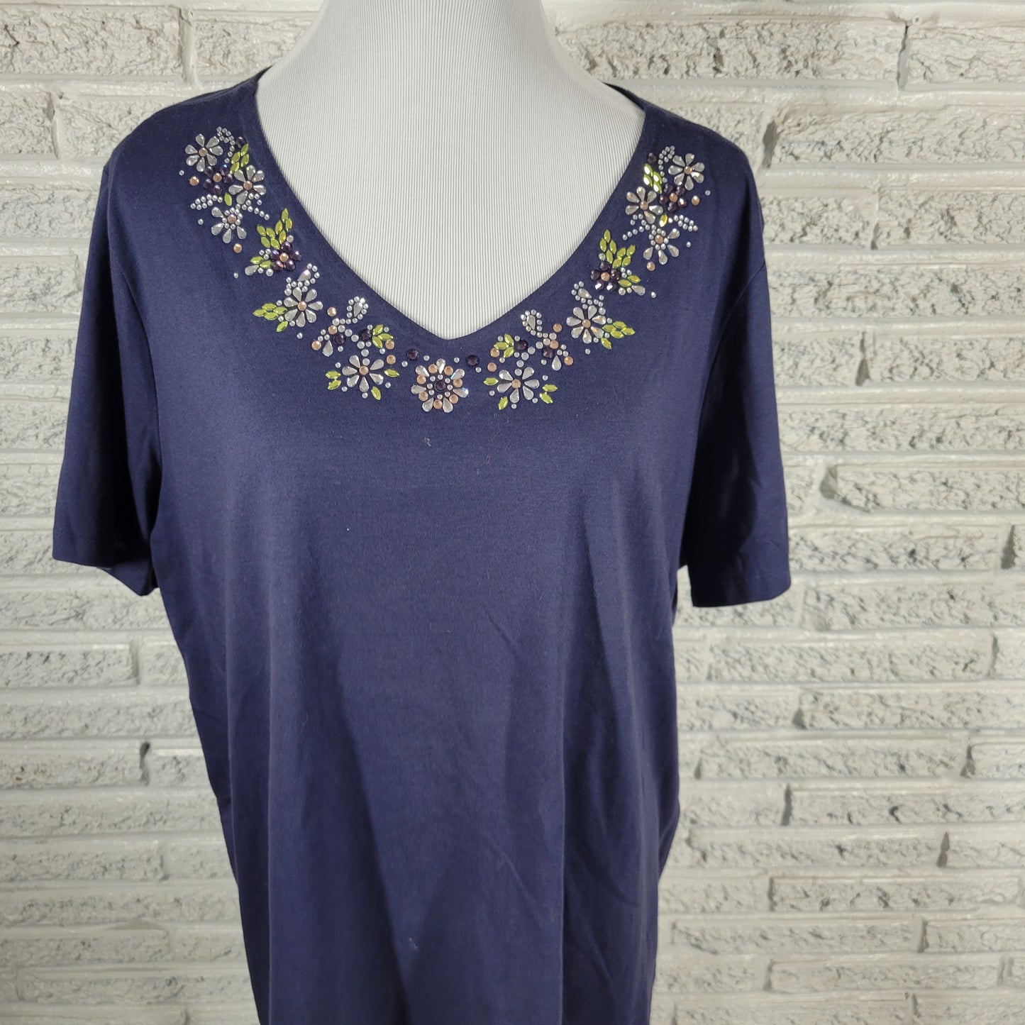 Coral Bay 2X Blue V-Neck T-Shirt Rhinestone Accent Cotton Blend BLU1XE