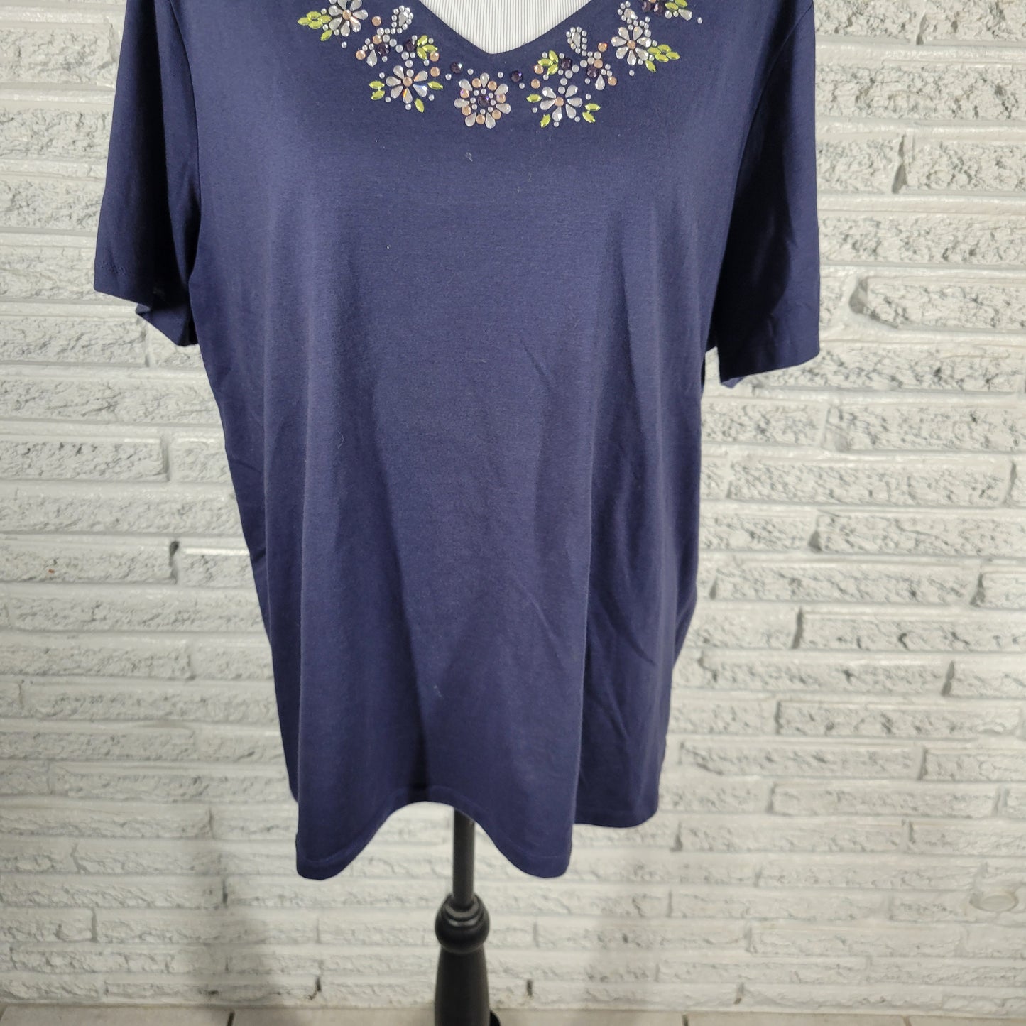 Coral Bay 2X Blue V-Neck T-Shirt Rhinestone Accent Cotton Blend BLU1XE