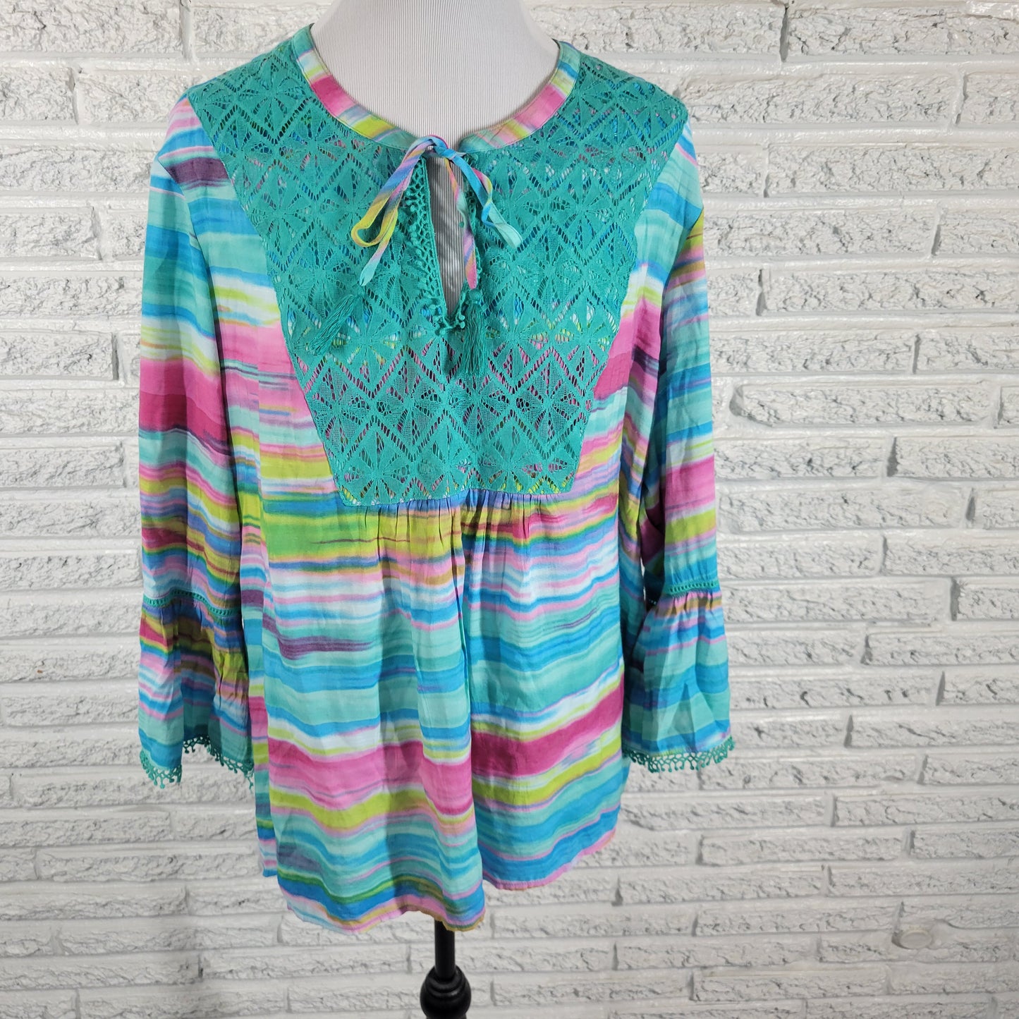 Kim Rogers Womens 2X Watercolor Bell Sleeve Lace Trim Keyhole Neck Top WAT18E