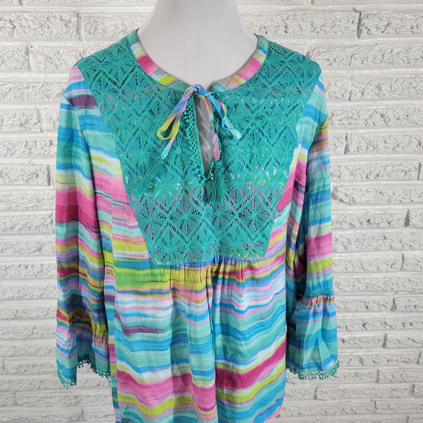 Kim Rogers Womens 2X Watercolor Bell Sleeve Lace Trim Keyhole Neck Top WAT18E