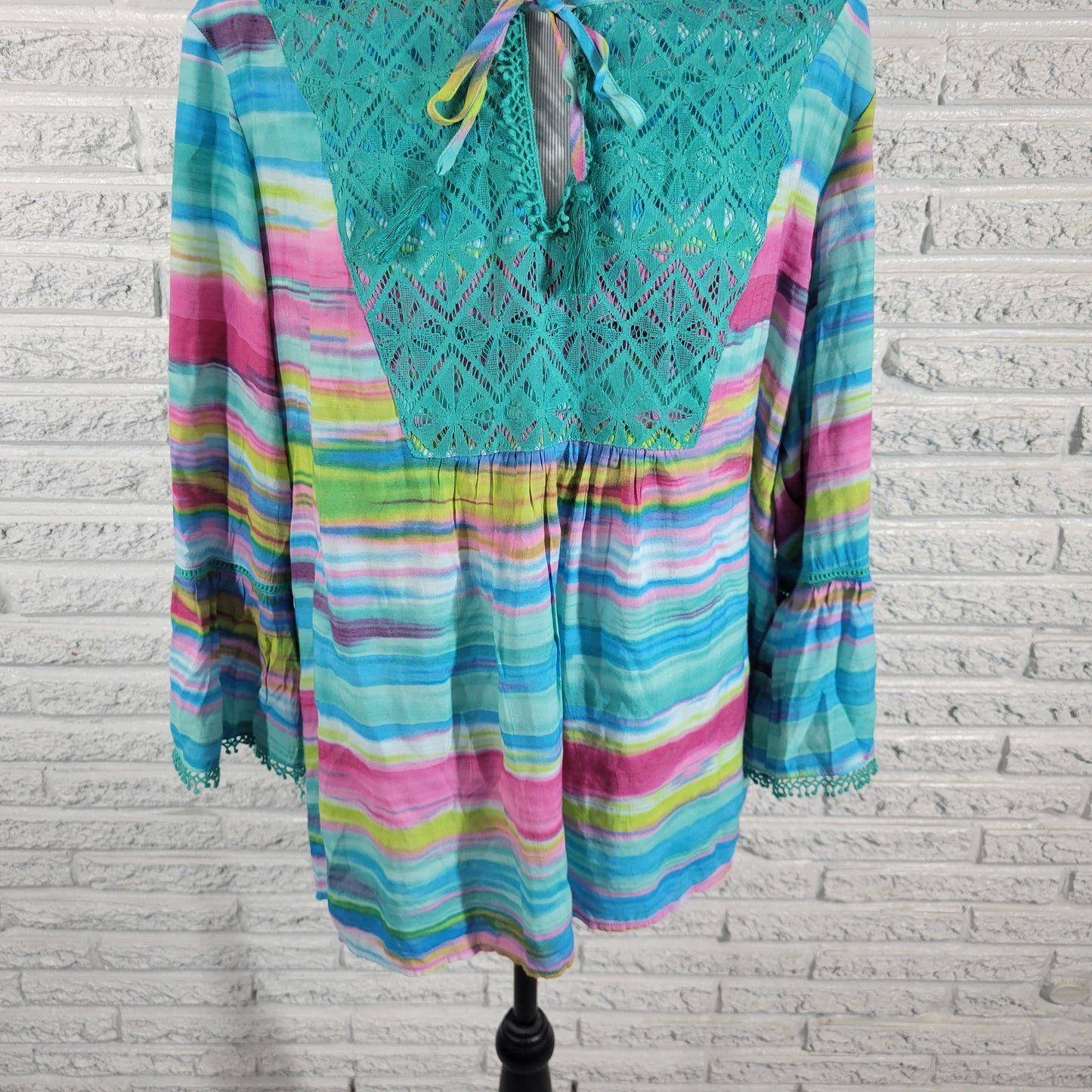 Kim Rogers Womens 2X Watercolor Bell Sleeve Lace Trim Keyhole Neck Top WAT18E