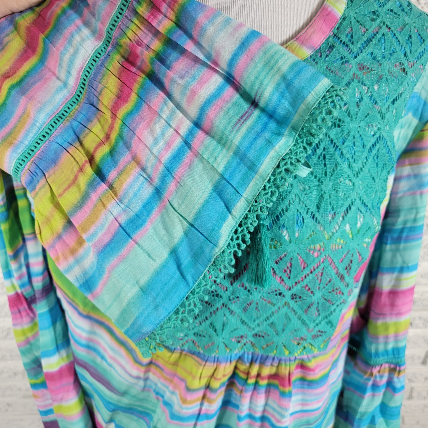 Kim Rogers Womens 2X Watercolor Bell Sleeve Lace Trim Keyhole Neck Top WAT18E