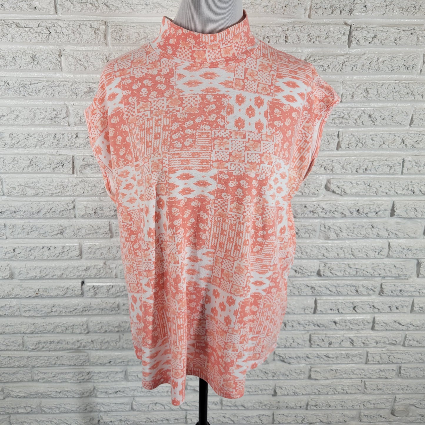 Cabin Creek Womens 1X Orange White Geometric High Neck Sleeveless Top GEO141E