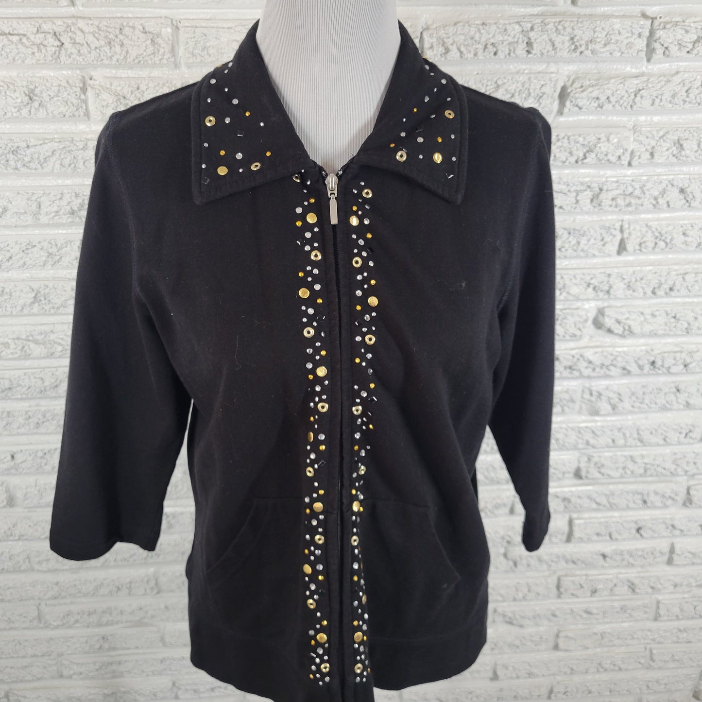 Onque Womens PXL Black Studded Grommet Jacket Full Zip Elastic Waist SWE7E