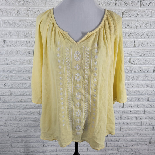 Catherines Top 1X Womens Yellow Embroidered Crinkle Crepe Blouse V-Neck YEL16E